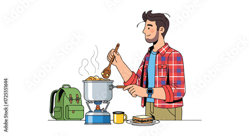 Illustration showcasing a man cooking outdoors on a camping stove with a backpack and sandwich nearby showing outdoor adventure lifestyle