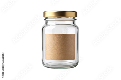 Clear Glass Jar with Blank Kraft Label Isolated on White Background