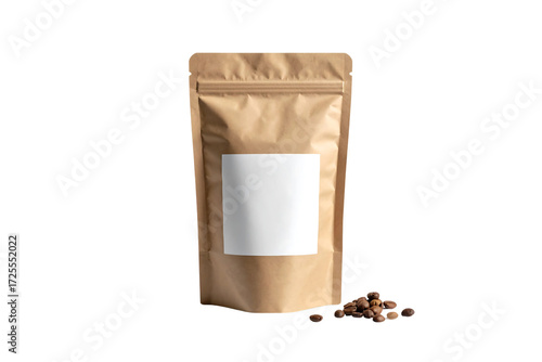 Brown Kraft Paper Pouch with Blank Label Isolated on White Background