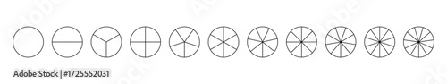 Segmented charts. Parts of diagram wheel from 1 to 11. Template of pie chart. Sectors divide the circle on equal parts. Coaching blank. Outline black graphics. Set of pie charts, pizza infografic.