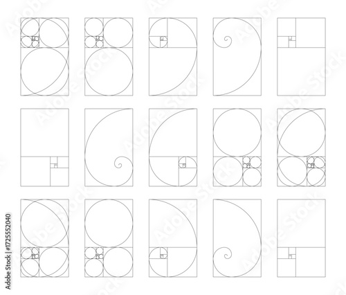 Vertical golden ratio harmony proportions template of 15 elements. Fibonacci numbers, array set. 