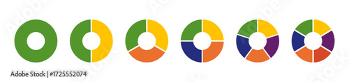 Circle section graph. Wheels divided in sections.Multicoloured diagrams infographic.Pie, pizza chart layout. Multicolored donut charts, pies segmented on from 1 to 6 equal parts. Loading bar mockup.