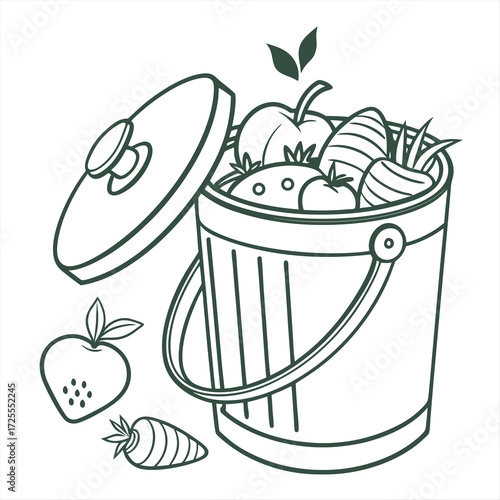 Minimal flat vector icon of a compost bin with organic waste