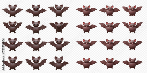 A grid of twenty-four cartoon bats, featuring two distinct brown variations, arranged neatly on a transparent background.