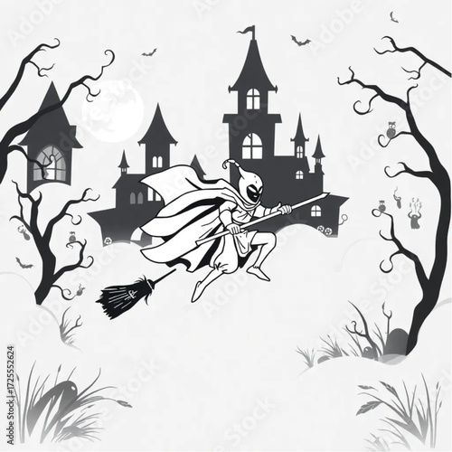 A phantom knight chasing through the mist in a haunted mansion surrounded by enchanted broomstick.