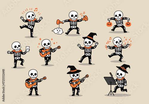 Vector art of skeletons in festive attire play instruments and dance with joy, creating a lively Halloween scene against a clean background the skeletons wear hats and scarves