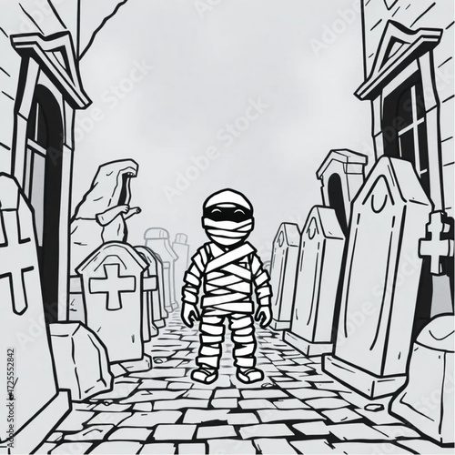 A mummy watching from behind the tombstones in a cobblestone alley surrounded by fog-shrouded statues.