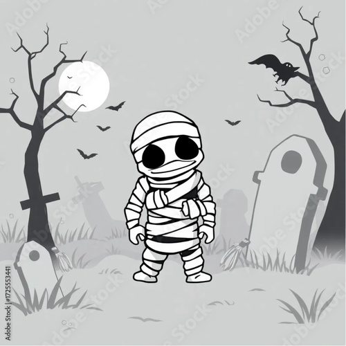 A mummy lurking in the shadows in a foggy graveyard surrounded by enchanted broomstick.
