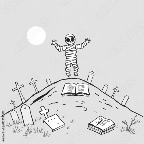 A mummy hovering above the ground in a shadowy cemetery hill surrounded by ancient spellbook.