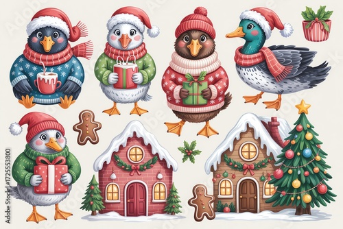 Whimsical holiday-themed birds in festive attire, surrounded by cute winter decorations for a joyful season.