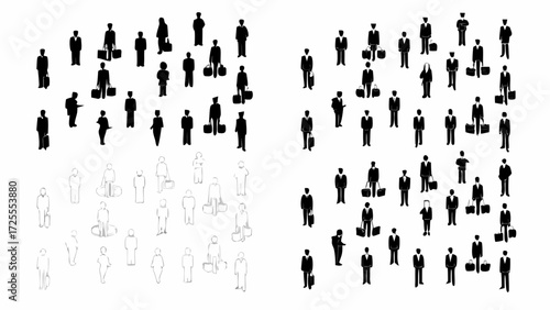 Dynamic crowd of business travelers, diverse group of commuters, modern professionals on the move, conceptual business illustration, vector style workforce