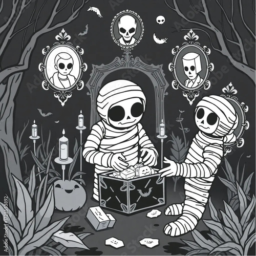 A mummy guarding a hidden treasure in a dark enchanted garden surrounded by haunted portraits.