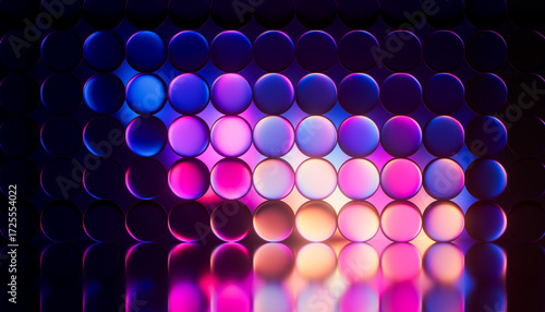 Bright neon glass circles shine in dark 3D