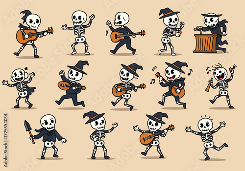 Vector art of skeletons in festive attire play instruments and dance with joy, creating a lively Halloween scene against a clean background the skeletons wear hats and scarves