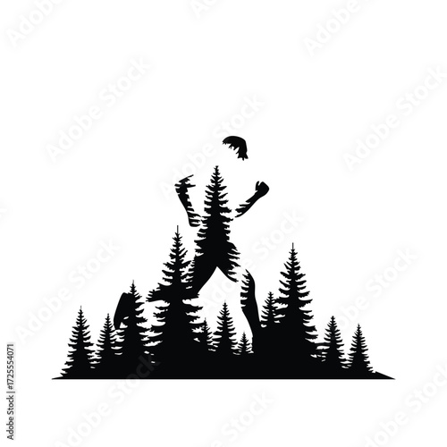 A silhouette of a runner surrounded by tall pine trees, symbolizing the harmony between nature and fitness.