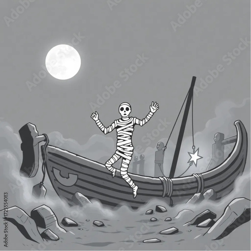 A mummy dancing under the moonlight in a haunted shipwreck surrounded by fog-shrouded statues.