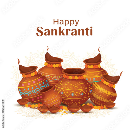Happy Sankranti celebration is depicted in a vibrant flat 2D vector illustration, featuring beautifully decorated traditional clay pots on a clean white background, conveying joy and festivity.