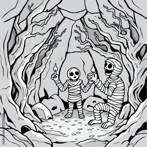 A mummy chanting ancient spells in a underground catacomb surrounded by twisted trees.