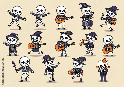 Vector art of skeletons in festive attire play instruments and dance with joy, creating a lively Halloween scene against a clean background the skeletons wear hats and scarves