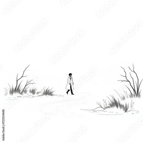 A mad scientist wandering aimlessly in a foggy riverbank surrounded by swirling mist.