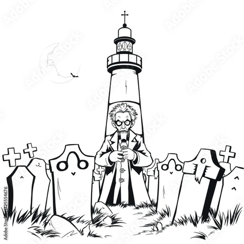 A mad scientist watching from behind the tombstones in a haunted lighthouse surrounded by broken mirror.