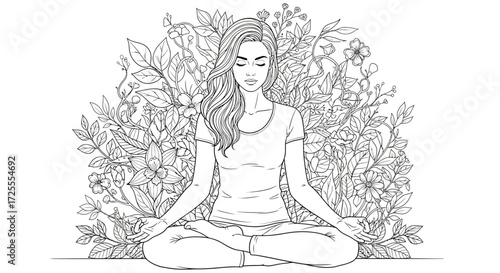 Serene meditation illustration featuring a woman in lotus position surrounded by foliage