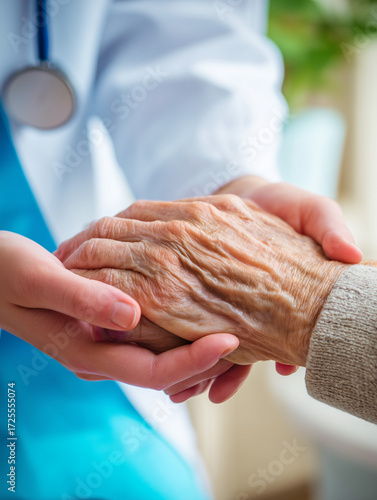 Nurse holding elderly woman's hand in caring gesture indoors  