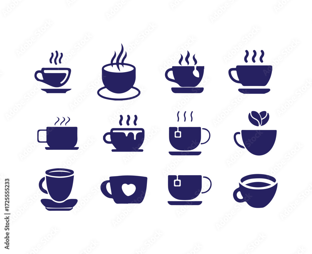 Obraz premium Cup hot icons set, Coffe or tea cups vector icon collection, hot coffee cup icon symbol, Vector illustration EPS 10.