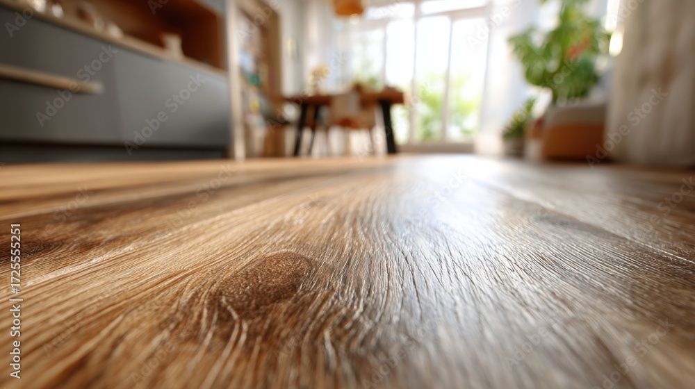 Obraz premium Medium shot focused on laminate floorings wood grain pattern emphasizing scratch resistance and durability under foot with softly blurred surroundings.
