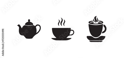 Simple black and white icon of a steaming cup of coffee, mug icon for cafe design,  Vector illustration EPS 10.
