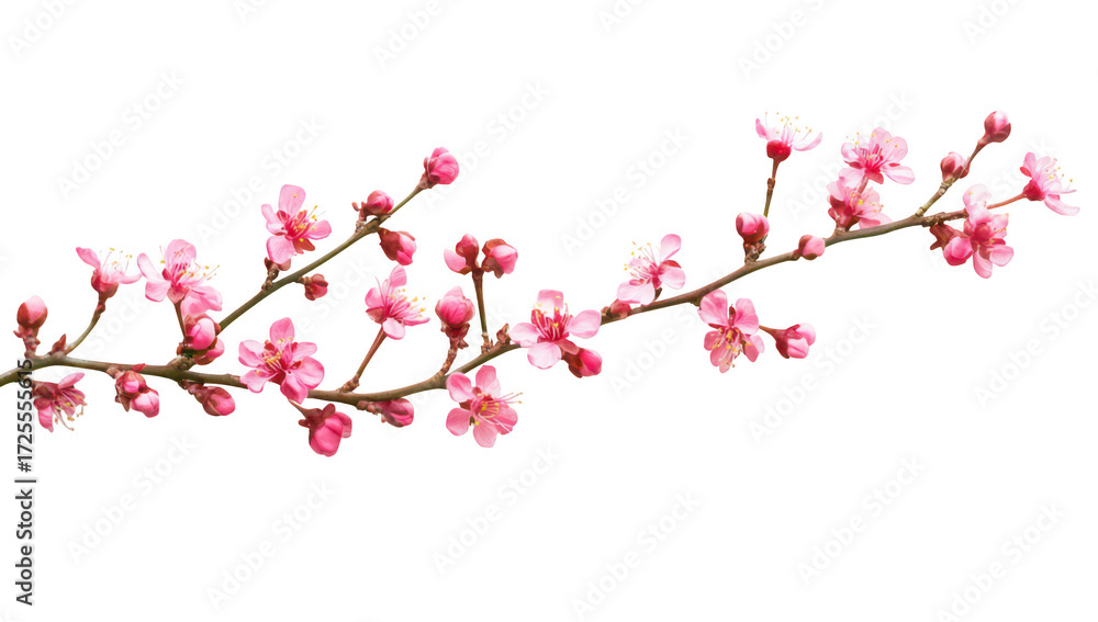 Fototapeta premium Delicate pink cherry blossom branch with budding flowers and blossoms arranged elegantly on a clean white background. ideal for spring-themed designs and nature-inspired projects