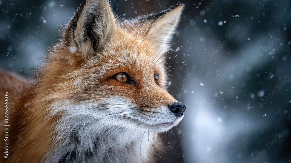 Fototapeta premium Red Fox in Snowy Forest Looking Back Over Shoulder, Winter Scene