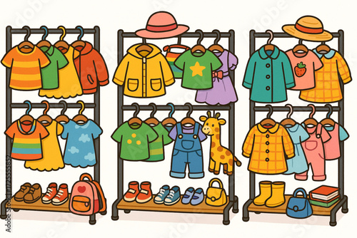 Children’s Clothing Rack Illustration with Colorful Outfits, Accessories, and Toys