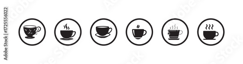 Simple black and white icon of a steaming cup of coffee, mug icon for cafe design,  Vector illustration EPS 10.
