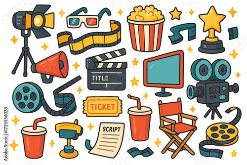 Cartoon Cinema Elements Illustration with Colorful Movie Props and Entertainment Icons