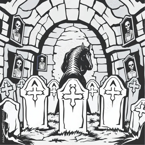 A headless horseman watching from behind the tombstones in a ancient crypt surrounded by haunted portraits.