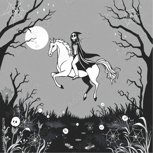 A headless horseman hovering above the ground in a dark enchanted garden surrounded by spider webs.