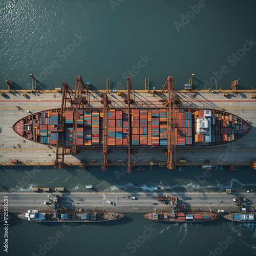 Aerial top down view of a large container cargo ship terminal harbor with loading activity and vessel traffic
