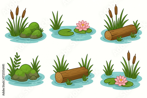 Wetland Scene Cartoon Illustration with Aquatic Plants, Logs, and Water Lilies