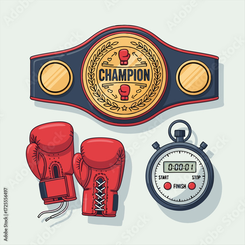Champion Boxing Belt, Red Gloves, and Stopwatch - Symbolizing Victory and Sport