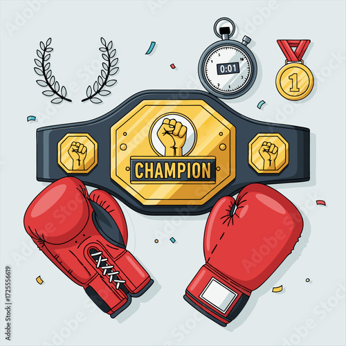 Champion boxing concept with victory symbols like a championship belt, gloves, and medal
