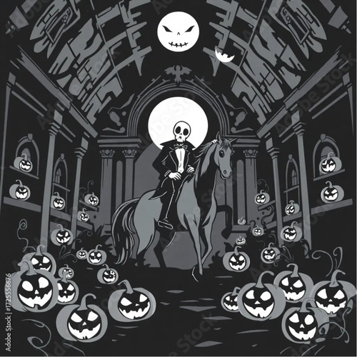 A headless horseman creeping through the darkness in a decaying opera house surrounded by glowing jack-o'-lanterns.
