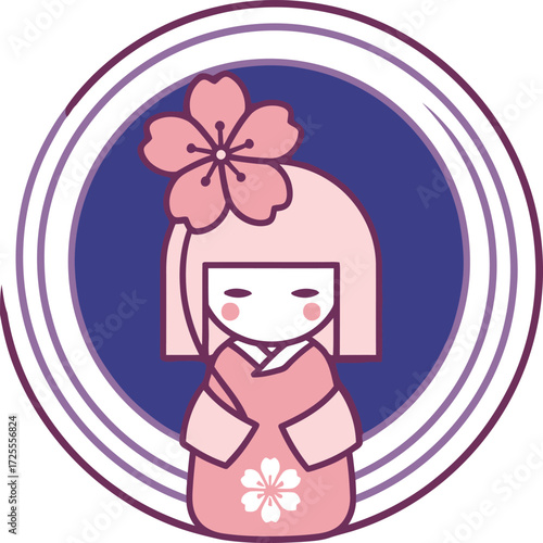 Cute Japanese Kokeshi doll with a cherry blossom flower.