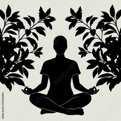 Find inner peace with this striking silhouette of a person meditating serenely amidst lush foliage, a powerful image for mindfulness and wellness campaigns