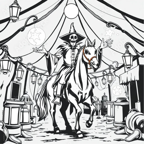 A headless horseman chanting ancient spells in a abandoned carnival surrounded by rusty lanterns.