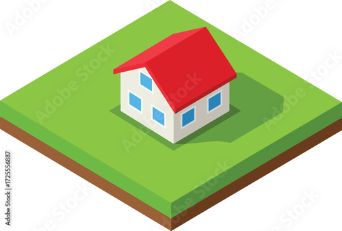 Isometric view of a small house on a grassy plot with red roof and blue windows isolated on transparent background