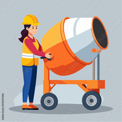 Concrete mixer with construction worker, orange portable cement mixer machine, with woman in yellow hardhat and safety vest, building concept, industrial illustration.