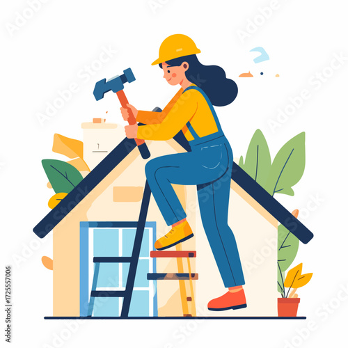 Woman in a yellow hard hat hammering on a roof while standing on a ladder, house repair, flat vector illustration, home improvement, construction job.