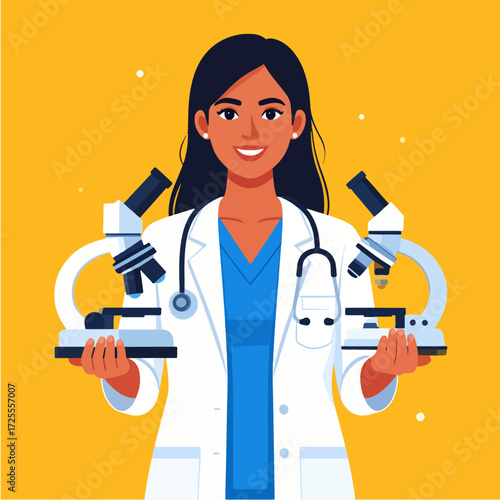 Doctor in white lab coat holding microscopes, with a smile on her face, against a vibrant yellow background, health science and medical research concept art.