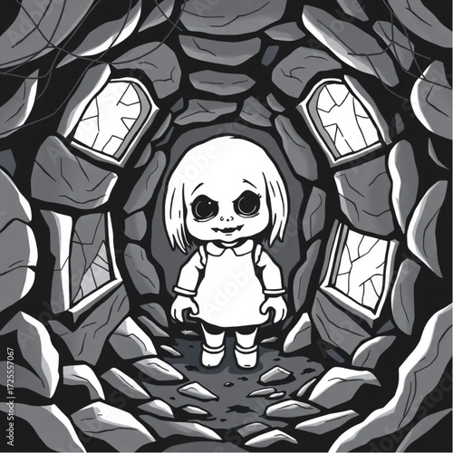 A haunted doll staring through cracked windows in a underground catacomb surrounded by spider webs.